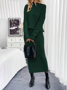 SHEIN Clasi 2 件套女士立领长袖毛衣和长款针织裙休闲装，秋冬 - 墨綠色 - 查看 3