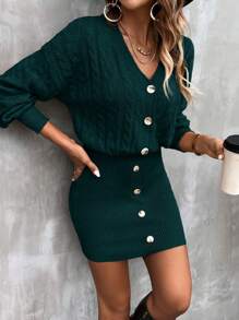 SHEIN Clasi 女士纯色前扣长袖简约短款时尚毛衣连衣裙 - 墨綠色 - 查看 1