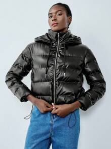 Chiquease Minimalist Casual Hooded Drawstring Design PU Material Women Padded Padded Coat Clothes Winter - Black - View 5