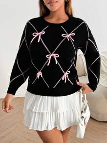 Flirla Plus Size Women Bow Decor Round Neck Long Sleeve Casual Knitted Pullover Sweater, Autumn/Winter Fall - Grey - View 3