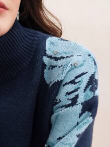 Anewsta Suéter con adorno de flores y rhinestones de moda para mujer, suéter de punto para oficina/uso diario, otoño e invierno - Azul - Ver 2