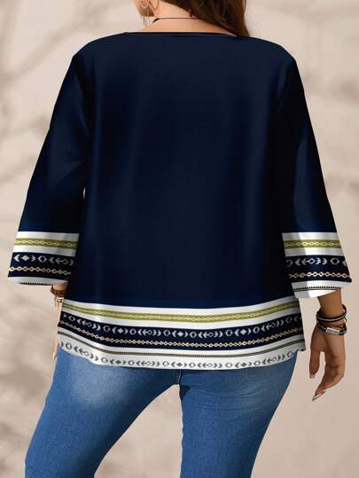 EMERY ROSE Plus Size Women's Retro Printed Round Neck 3/4 Sleeve Blouse,Loose Fit Casual Chic Boho Navy Blue Vacation Clothes For Autumn Spring And Summer