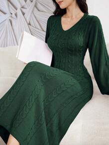 Modelyn Women Casual Solid Color V-Neck Twist Knitted Sweater Dress, Autumn/Winter - Dark Green - View 7