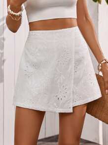 SHEIN Tall Spring/Summer Vacation Embroidered Asymmetrical Hem Design Waisted Culotte - White - View 6