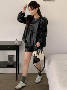 DAZY Women's Crew Neck PU Leather Pullover Doll Shirt, Spring/Summer,Ruffle Long Sleeve Top