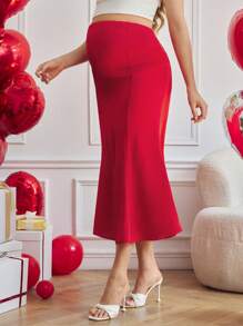 SHEIN Elegant Solid Color High Waist Fishtail Skirt For Pregnant Women - Red - View 5