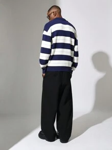 SUMWON Classic Knit Polo Sweater V-Neck Striped Pullover Long Sleeve Winter Fall Casual Preppy University Style Ribbed Cuffs Warm Knitwear