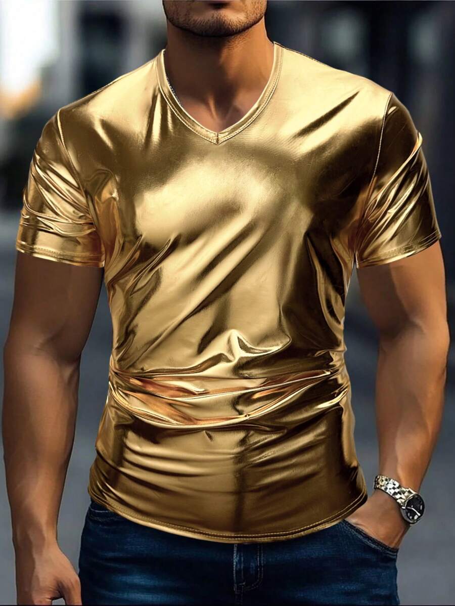 Manfinity AFTRDRK Men's Fashionable V-Neck Short Sleeve Gold Color Men Disco  T-Shirt,
