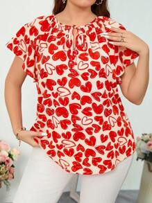 SHEIN Clasi Plus Size Valentine's Day Heart Print Tie-Neck Blouse For Summer - Red and White - View 1