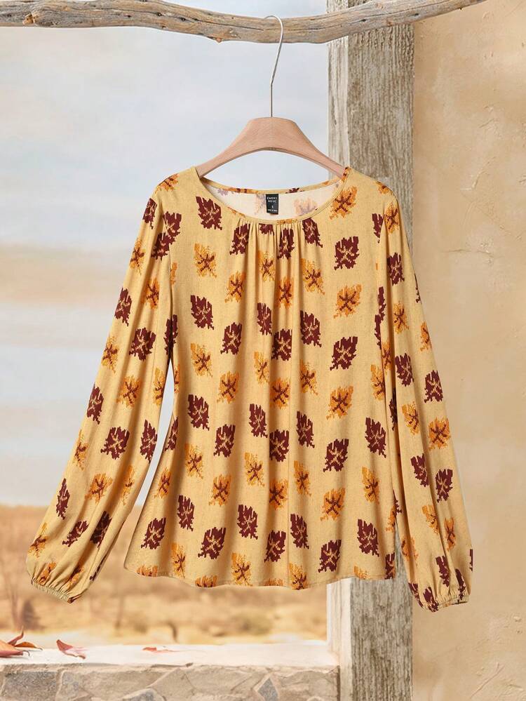 Casual Autumn Leaf Print Lantern Sleeve Shirt