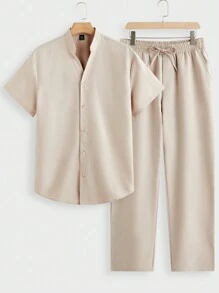 Manfinity VCAY 2pcs/Set Men Woven Fitted Point Collar Casual Shirt Set, Suitable For Daily Wear - Khaki - View 2