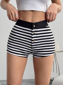 SHEIN EZwear 女士休闲针织条纹低腰紧身超短裤女士家居服女士紧身裤秋季女士短裤 - 黑色 - 查看 6