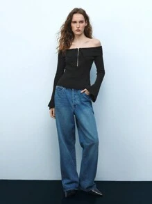 Maija 女士黑色露肩镂空金属拉链喇叭袖优雅时尚性感休闲节日短款毛衣上衣节日 - 黑色 - 查看 2