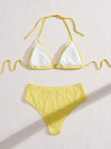 SHEIN Swim Curve 大码女式两件套泳衣套装，纯色纹理面料，甜美可爱细绳三角杯吊坠装饰休闲度假泳装夏季 - 黃色 - 查看 3