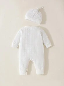 SHEIN Newborn Baby Unisex Jumpsuit Everyday Casual Solid Color Stretch Knit Jacquard Long Sleeve Button Up Regular Autumn Winter Infant Romper With Hat - White - View 2