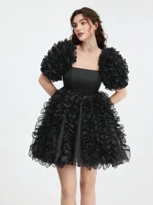 SHEIN MOD Women Elegant Black Ruffle Trim Organza Mini Dress, Dresses For Women, Dresses For Women Elegant, Dresses For Women Party, Corset Dress, Graduation Dress, New Year Party Dress, Going Out Dress, Vintage Dress, Goth Dress, Dress Madrinha De Casamento