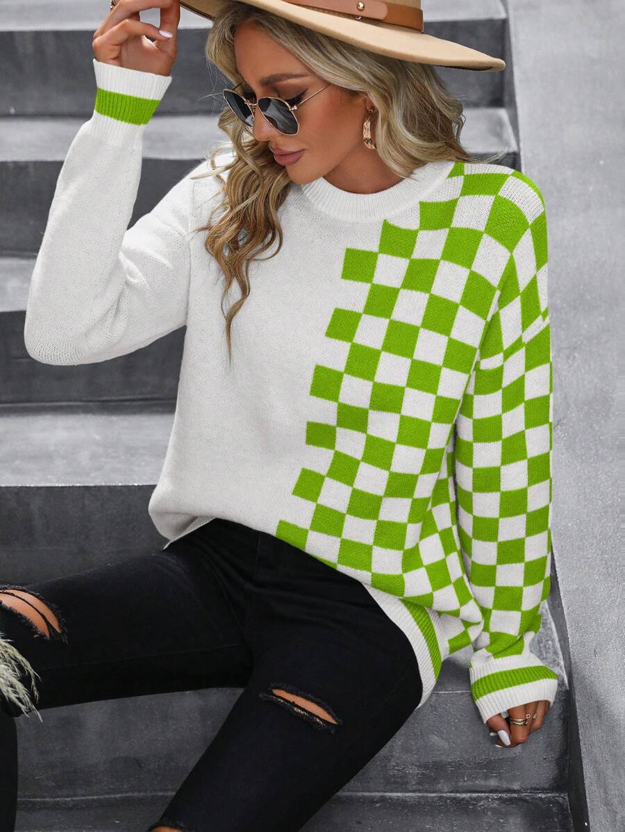 SHEIN LUNE Casual Checkered Patchwork Crew Neck Sweater, Autumn/Winter Knit Pullover Fall Sweater - Green - View 1