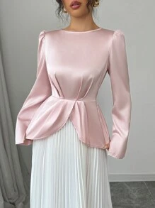 Elenzga Elegant High-Waisted A-Line Pleated Long Sleeve Dress For Women