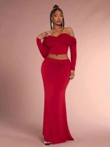 SHEIN SXY Conjunto de 2 piezas talla grande para mujer - Parte superior versátil con decoración de lazo en los hombros y falda de cola de sirena con pliegues en la cintura, apta para otoño e invierno, disfraz de Nochebuena, fiesta, cumpleaños, despedida de soltera, casual, para ir de compras, salir, fácil de combinar y estilizador