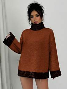 Chiquease Elegant Contrast Color Long Sleeve Women Knitted Pullover Sweater, Autumn/Winter Fall