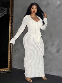 Maweii Plus Size Women Semi-Sheer Textured Ruffle Hem Party Dress Maxi Women Outfit - Beige - View 3