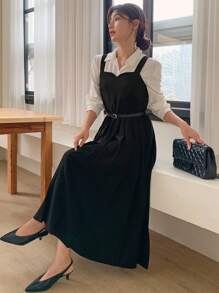 DAZY Women's Adjustable Strap Cinched Waist Mid-Length Pleated Dress Maxi Dress - Black - View 3
