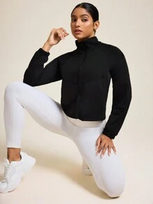 Easithlete Solid Color Stand Collar Raglan Sleeve Cropped Sports Jacket