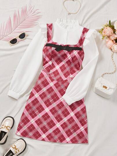 Set de 2 piezas para adolescente, blusa casual de Navidad con volantes y falda jumper de cuadros, conjunto lindo y festivo para otoño, primavera e invierno