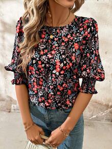 SHEIN Clasi Áo kiểu nữ tay lửng cổ tròn dáng rộng in họa tiết hoa đồng quê, phong cách đồng quê, thích hợp mặc mùa hè và mùa xuân. - Nhiều màu - Xem 6