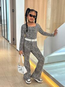 SHEIN Tween Girls' Casual Knitted Ribbed Jumpsuit - Black - View 1