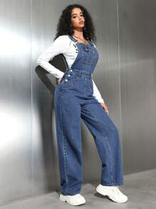SHEIN EZwear Women's Casual Washed Straight Leg Denim Bib Overalls - Medium Wash - View 5