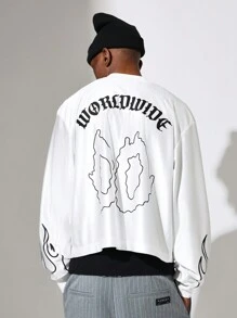 SUMWON Crop Fit Long Sleeve V-Neck Satin Tee With Large Graphic Print - White - View 2