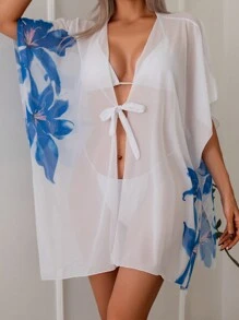 女士花卉印花网眼和服上衣夏季