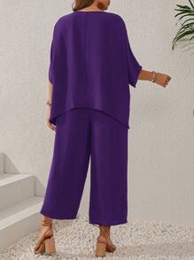 EMERY ROSE Plus Size Women's Dark Blue Batwing Sleeve Round Neck Shirt And Wide Leg Pants Set With Pockets For Summer