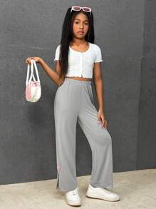 Tween Girls' Grey Straight Leg Wide Leg Split Hem Sweatpants, With Relaxed Comfortable Design And Unique Details - Light Grey - View 3