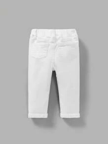 SHEIN 男婴卡通熊和文字印花破洞牛仔裤，适合春夏季服装 - 白色 - 查看 2