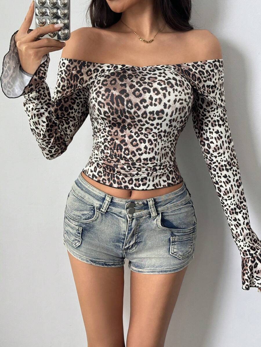 INAWLY Women's Leopard Print Off Shoulder Flare Sleeve Fitted T-Shirt Fall Cloth For Women - Multicolor - View 1
