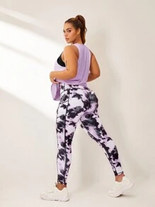 SHEIN Sport Studio Plus Size Women Solid Color Round Neck Tank Top And Batik Print Leggings Sports Suit