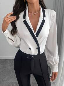 Modelyn 女士秋季双色翻领长袖双排扣优雅衬衫 - 白色 - 查看 6
