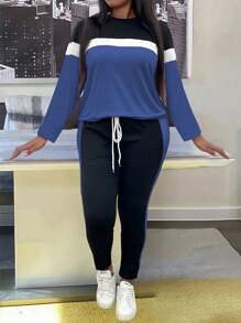 SHEIN LUNE 2pcs Plus Size Solid Color Patchwork Round Neck Long Sleeve Top And Pants Set, Minimalist - Multicolor - View 5