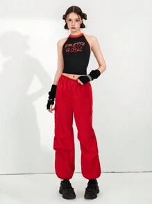 SHEIN Explorewe 2 件青少年女孩涂鸦字母印花吊带背心和宽松工装裤套装，时尚街头风格，适合春夏休闲外出