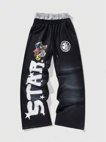 ROMWE MEN Street Life Men's Letter Print Pockets Wide Leg Loose Waistband Sweatpants