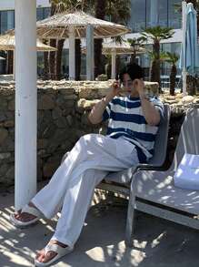 Claim Dot 男士双色拼色粗针织上衣，时尚外出，送给朋友 - 藍白色 - 查看 6