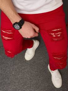 Manfinity Roughcore Plus Size Men's Casual Plain Ripped Jeans - Red - View 4