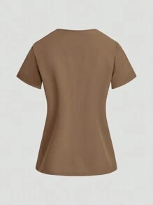 TaskEZ Uniform Set: V-Neck Short Sleeve Tailored Blouse And Drawstring Straight Leg Casual Pants, Scrub Sets - Khaki - View 9