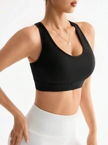 Easithlete Women's Solid Color Criss-Cross Back Everyday Sports Bra - Black - View 5