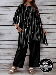 EMERY ROSE Plus Size Black & White Artistic Line Print 3/4 Sleeve Loose Pants 2Pcs Set, Suitable For Autumn/Winter