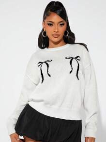SHEIN SXY Thick Warm Bow Crew Neck Christmas Sweater, Autumn/Winter - White - View 1