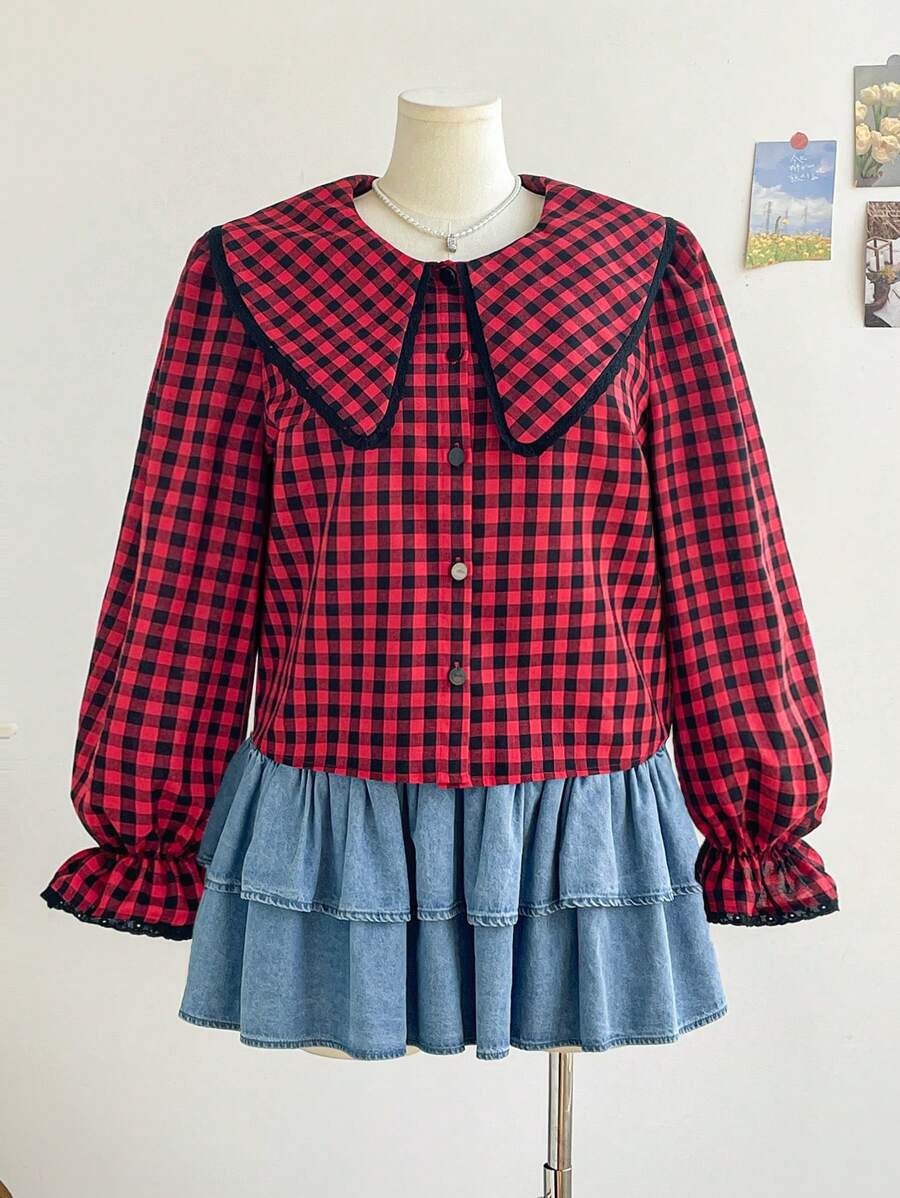 Soleia Áo cánh tay dài cổ bèo nhún kẻ caro đỏ đen cỡ lớn cho nữ, rộng rãi, thoải mái, phù hợp cho mùa thu, đông và xuân - Nhiều màu - Xem 1