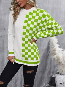 SHEIN LUNE Casual Checkered Patchwork Crew Neck Sweater, Autumn/Winter Knit Pullover Fall Sweater - Green - View 4